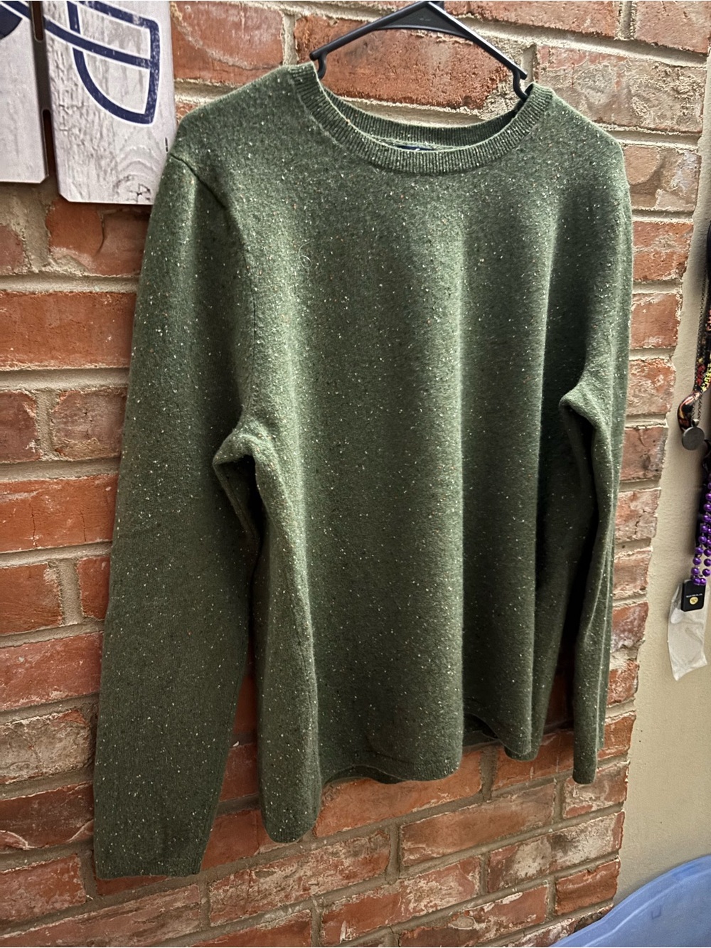 Lands' End Olive Green Crew Neck Sweater Specked white and orange 100% cashmere